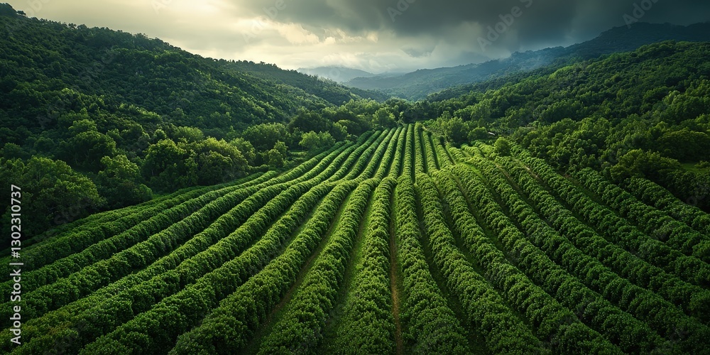Fototapeta premium Lush Green Vineyard Landscape Under Dramatic Sky with Rolling Hills and Cloudy Background in a Serene Rural Setting