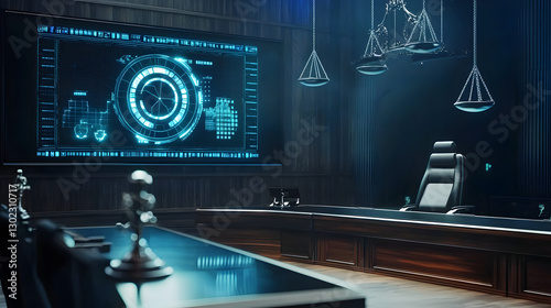 Fototapeta Naklejka Na Ścianę i Meble -  A room with a large screen on the wall and a black desk with a chair