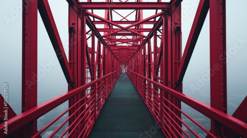 A red steel bridge disappearing into the fog. Perspective view of the bridge structure.