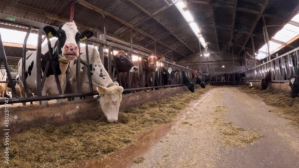 Cows eating food and looking around. Cows eating food and looking around.