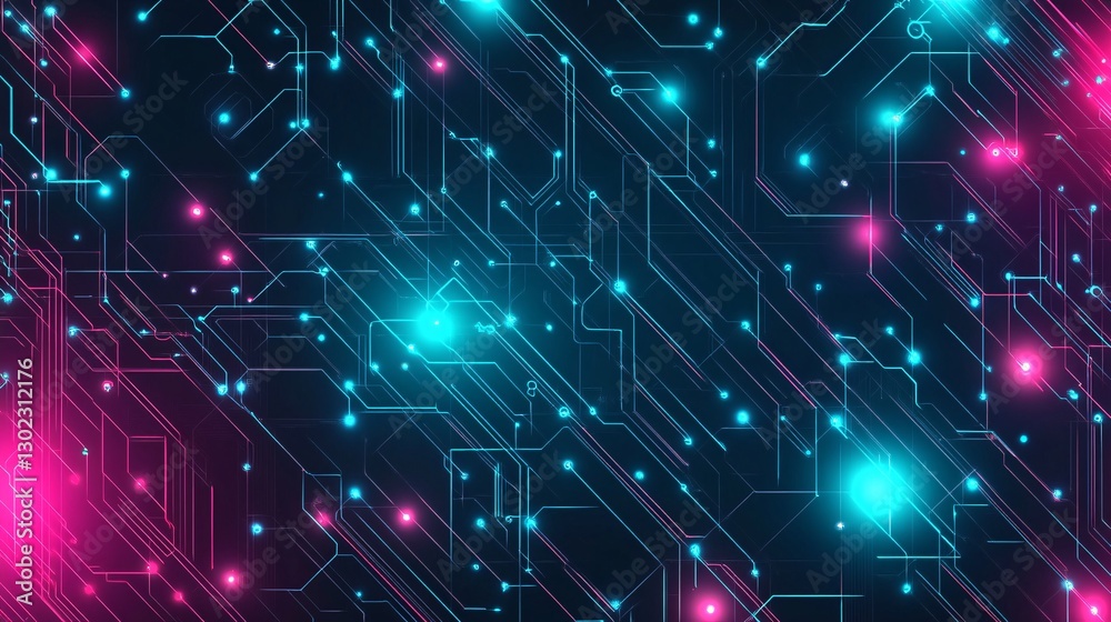 Fototapeta premium Abstract Futuristic Circuit Board Background with Neon Pink and Cyan Lines and Glowing Nodes