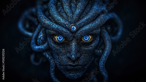 Gorgon Medusa: Ancient Mythology's Terrifying Head in Gloomy Horror Tech Vision photo