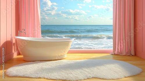 Ocean-view bathtub, pink room, fluffy rug