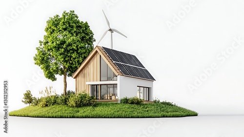 Eco-Friendly Modern Home 3D Render: Sustainable Living Design on Green Island AI Generated