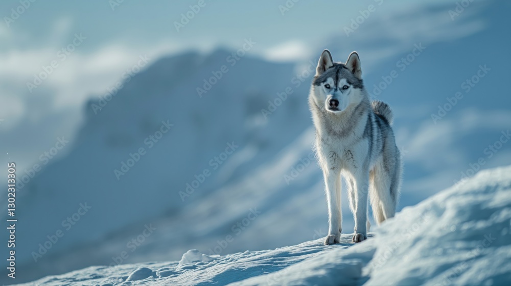 Fototapeta premium Husky standing in the snowy mountains