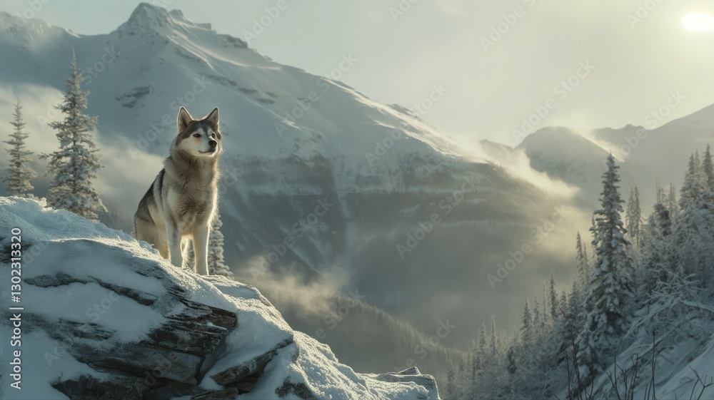 Obraz premium Husky standing in the snowy mountains