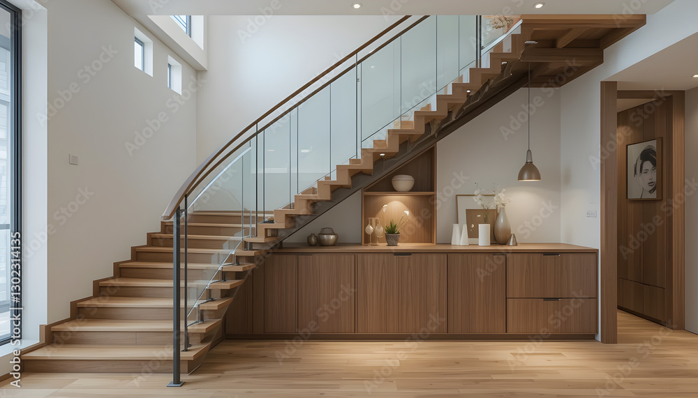 Modern wooden staircase with a minimalist design in a bright interior space, featuring sleek railings and warm lighting, enhancing architectural elegance. Modern wooden staircase with a minimalist design in a bright interior space, featuring sleek railings and warm lighting, enhancing architectural elegance.