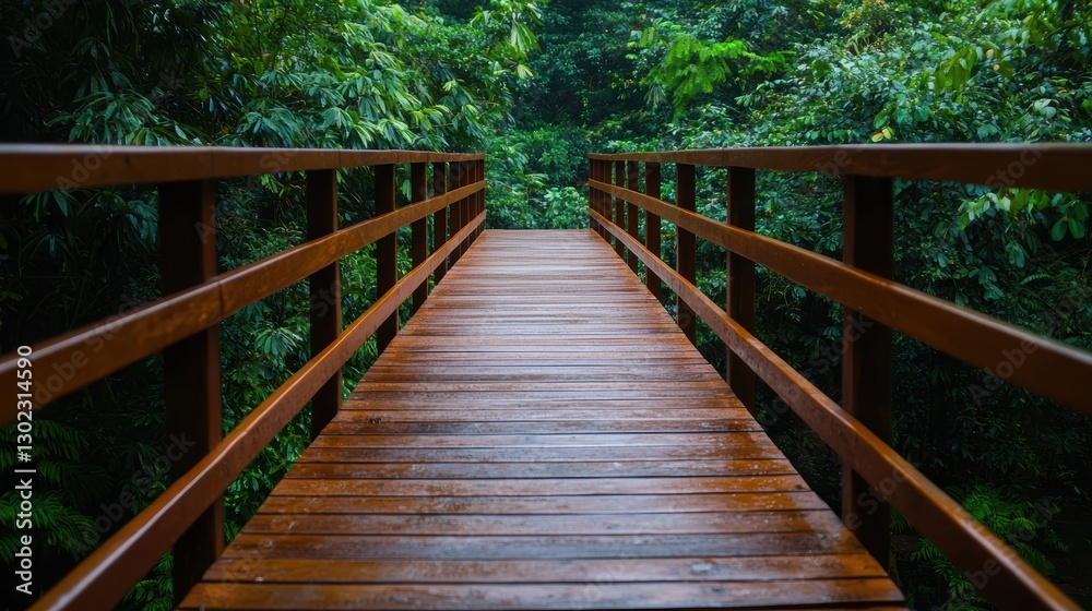 Fototapeta premium Wooden bridge in the forest. The bridge is surrounded by green trees and plants. Concept of nature, travel, and adventure.