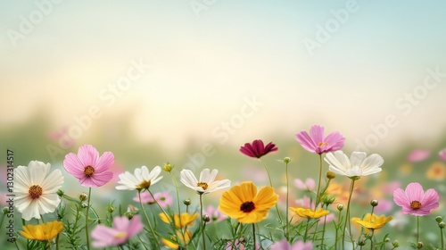 A blooming flower garden with a soft pastel sky in the background, sprint flower