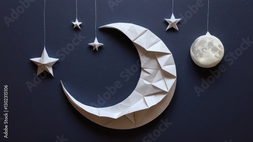  a whimsical arrangement of origami stars and a crescent moon against a dark background
