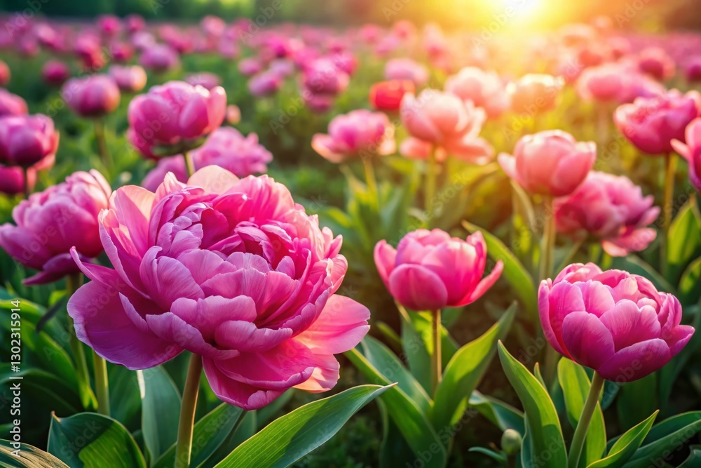 Obraz premium Aerial View of Pink Peony Tulips Blooming in a Field - Drone Photography