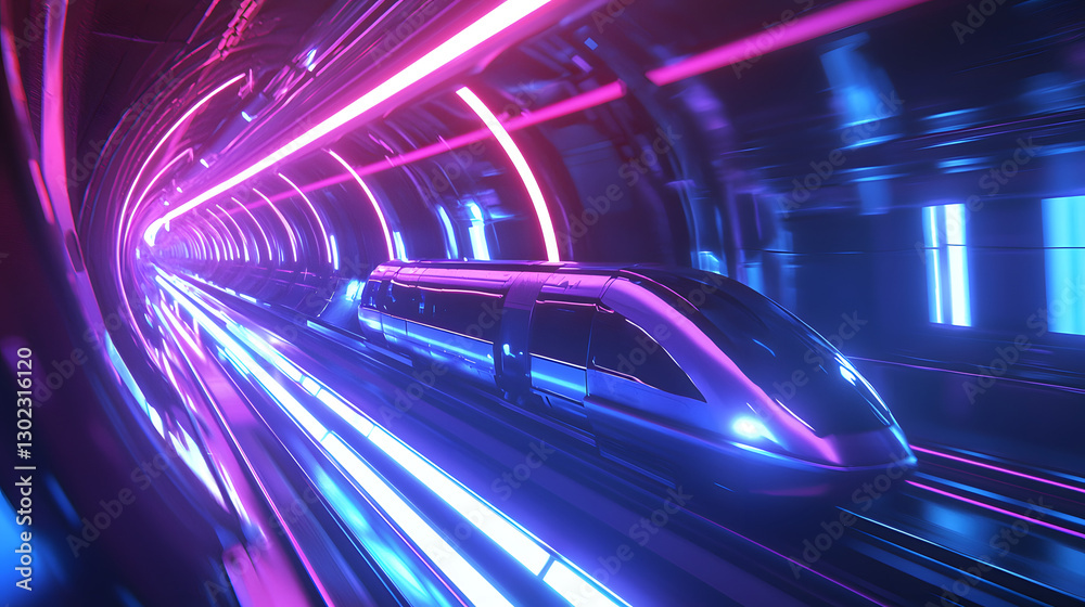 Fototapeta premium A futuristic train is traveling through a tunnel with neon lights