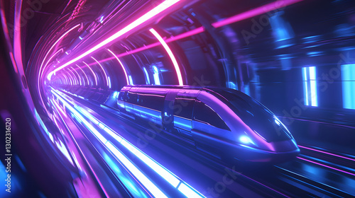Fototapeta Naklejka Na Ścianę i Meble -  A futuristic train is traveling through a tunnel with neon lights