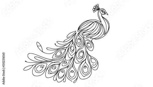 Continuous one single minimal line drawing Indian peafowl