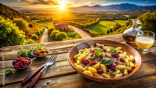 Aerial View of Rustic Italian Cavatelli Pasta Dish with Sausage, Radicchio, and Parmesan Cheese photo