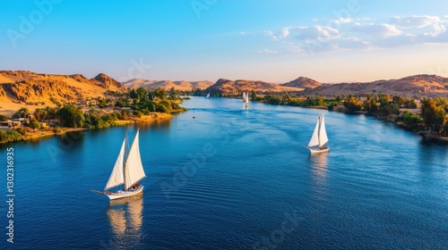Feluccas sailing on the Nile river in Aswan, Egypt. Beautiful landscape with boats sailing on the river. Travel and tourism concept.