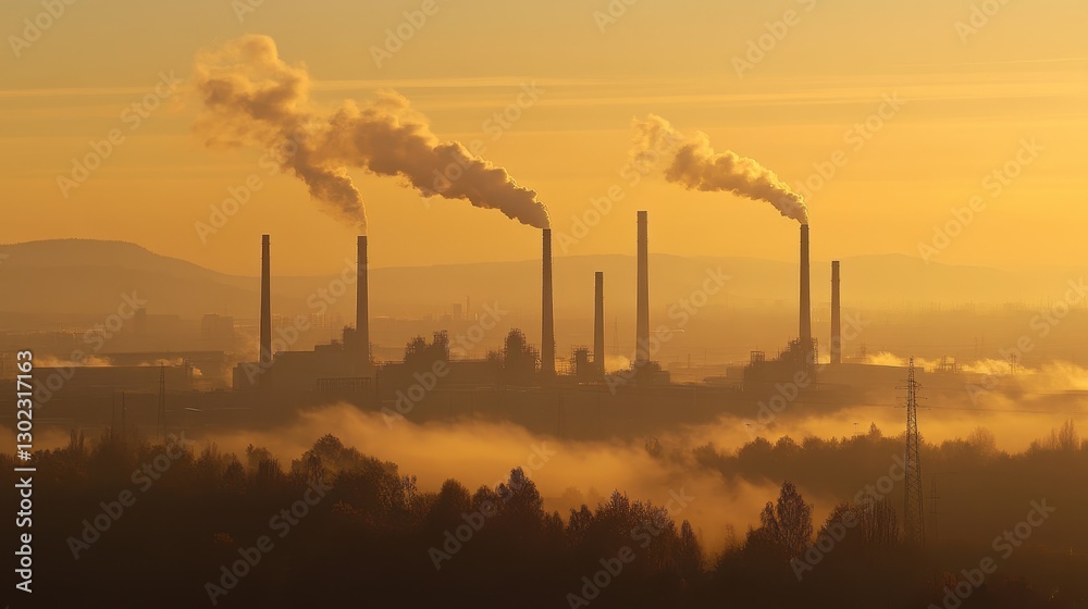 Industrial Smokestacks Emitting Smoke at Sunrise in Silhouette Industrial Smokestacks Emitting Smoke at Sunrise in Silhouette