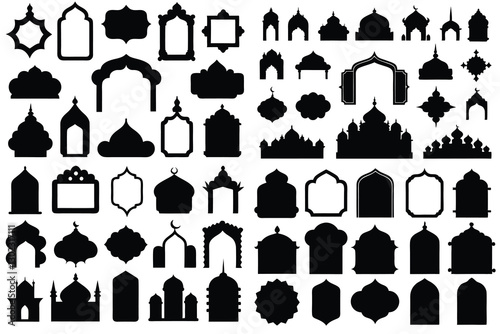 Traditional islamic window shapes in oriental style. Set of black silhouette eid mubarak decorative arches, moroccan gates or mosque borders. Arabic muslim architecture frames, ramadan design elements