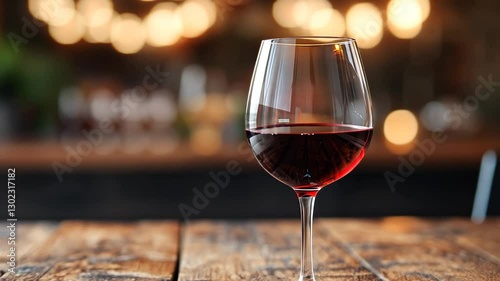 Elegant wine glass filled with red wine on a rustic wooden table in a cozy bar setting