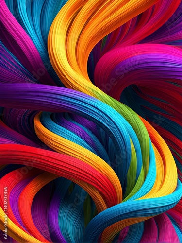 Colorful abstract 3D rendering of dynamic hairs in vibrant rainbow colors