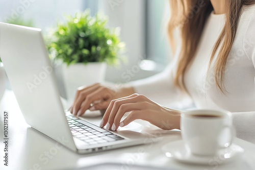 Confident office worker in a modern workspace, focused on her computer in a white dress.