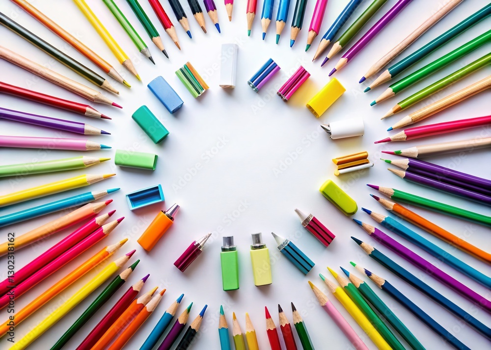 Aerial View of Stationery: Pencils & Pens Arranged on Clean Background - Drone Shot Aerial View of Stationery: Pencils & Pens Arranged on Clean Background - Drone Shot