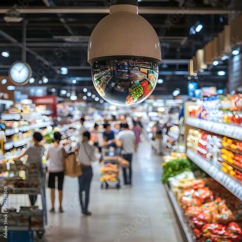 Surveillance camera watches over shoppers in modern grocery store during busy afternoon hours with vibrant displays