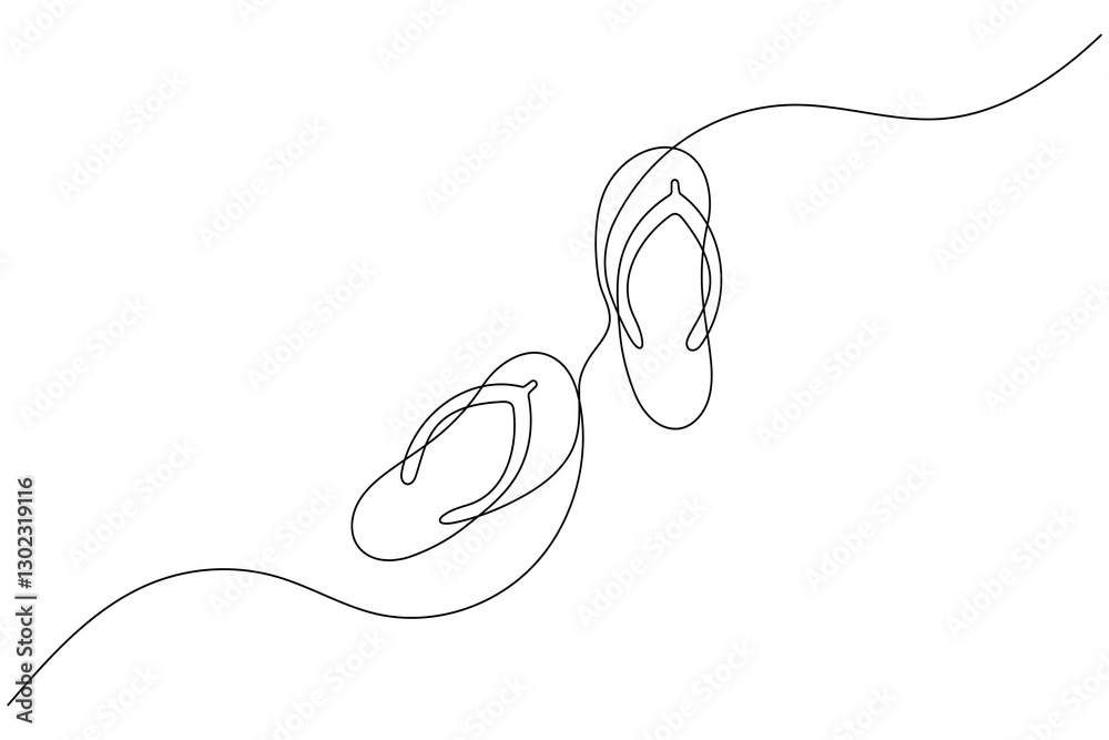 Fototapeta premium Beach slippers sandals one line art drawing and minimalist style isolate outline vector icon