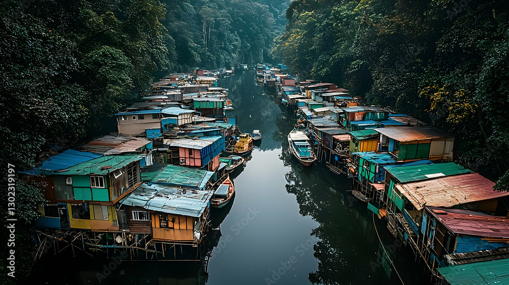 Obraz premium Colorful floating homes along a jungle river