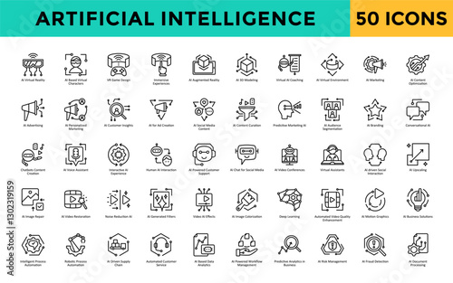 Artificial Intelligence icons set with ai virtual reality, ai based virtual characters, vr game design, immersive experiences, ai augmented reality, ai 3d modeling icon. Simple line vector 
