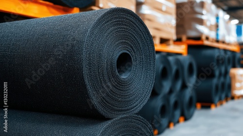 Rolls of black geotextile fabric in a warehouse. Geotextile is used for soil stabilization, erosion control, and drainage. photo