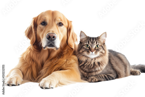  A golden retriever and a cat sitting together, isolated on Transparent PNG format Background. 