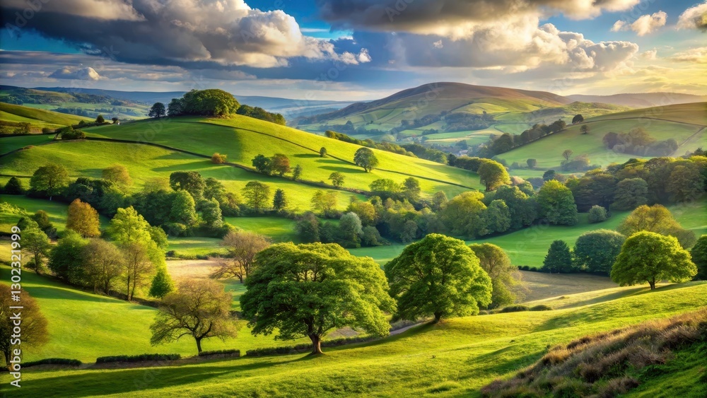 Obraz premium Serene rolling hills and lush green trees in a picturesque Georgian landscape with warm sunlight filtering through the foliage, sunny day, rural beauty