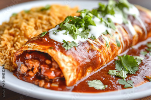 Cheesy smothered beef burrito with enchilada sauce, melted cheese, and fresh cilantro