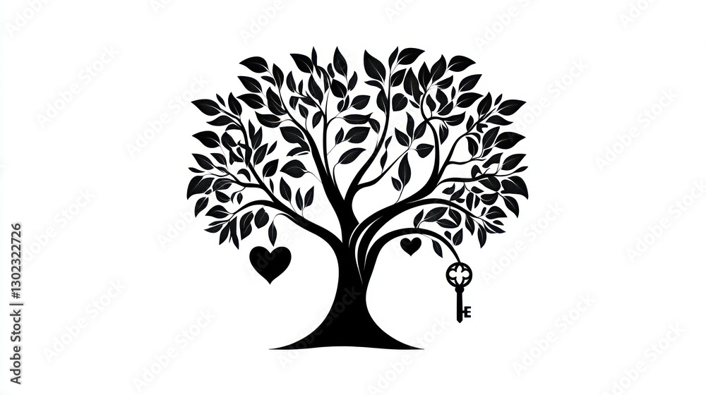 Family tree silhouette, heart, key, white background, genealogy chart Family tree silhouette, heart, key, white background, genealogy chart