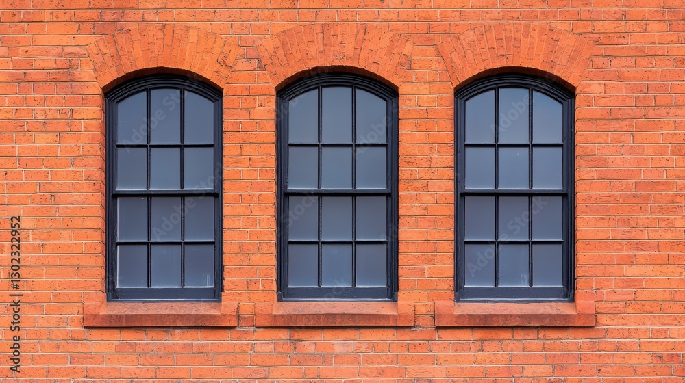 Three arched windows in a red brick wall. Architecture detail of an old building facade. Three arched windows in a red brick wall. Architecture detail of an old building facade.