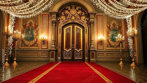 Opulent ballroom with festive lighting and ornate gilded architectural details
