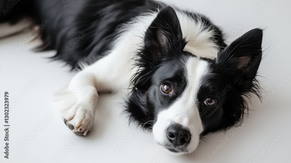 A poised black-and-white Border Collie rests on a pristine white surface, its alert eyes gazing leftward as its front paws stretch towards the right, capturing an elegant balance of repose and watchfu A poised black-and-white Border Collie rests on a pristine white surface, its alert eyes gazing leftward as its front paws stretch towards the right, capturing an elegant balance of repose and watchfu
