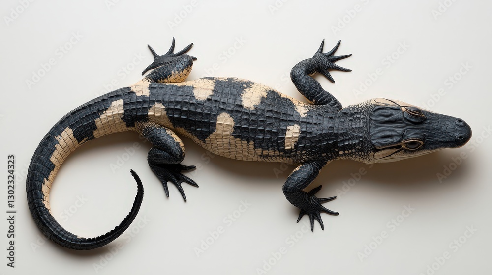 Naklejka premium A majestic black and cream alligator with a captivating mosaic-patterned hide, its scales intricately crafted into tiny squares and rectangles, exuding power and elegance in every detail