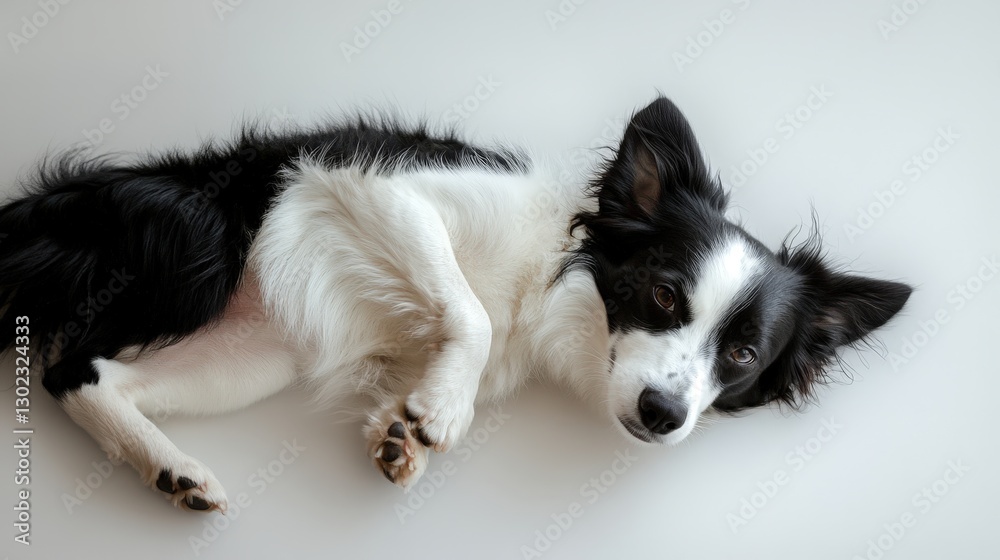A poised black and white border collie lies on its side, head tilted elegantly to the right, set against a pristine white backdrop. Its relaxed form exudes tranquility A poised black and white border collie lies on its side, head tilted elegantly to the right, set against a pristine white backdrop. Its relaxed form exudes tranquility