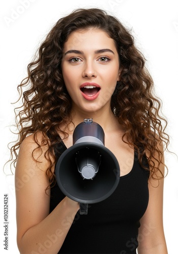 beautiful woman holding megaphone standing straight confident facial expression screaming black clothes white background Ai generative 