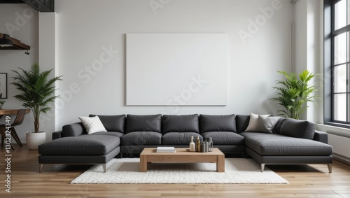 Modern Cozy Living Room with Sleek Gray Sofa, Light Wood Furniture and Large Windows