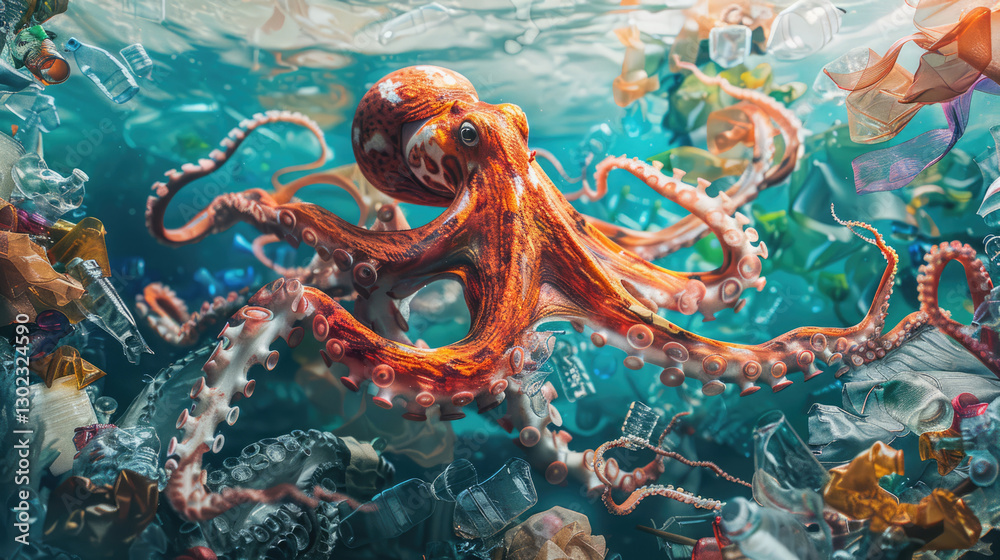 Obraz premium Polluted ocean. Garbage and waste. Animals suffer from pollution. Ecological disaster concept. AI-generated.