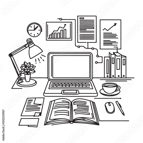 continuous one single black line art doodle drawing of Office desk with laptop, coffee cup, and documents concept illustration