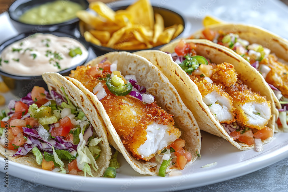 Crispy fish tacos with shredded cabbage, creamy lime sauce, and a side of pickled jalapeños Crispy fish tacos with shredded cabbage, creamy lime sauce, and a side of pickled jalapeños