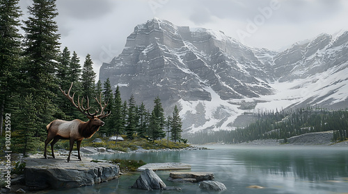 Majestic elk stands lakeside, snowy mountains backdrop, serene alpine landscape, nature scene