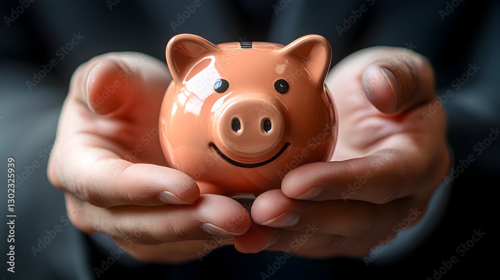 A cheerful person holding a cute piggy bank with a bright smile and playful expression A cheerful person holding a cute piggy bank with a bright smile and playful expression