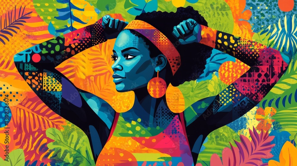 Fototapeta premium Woman flexing her muscles, surrounded by symbols of empowerment, colorful and characteristic illustration for March 8th