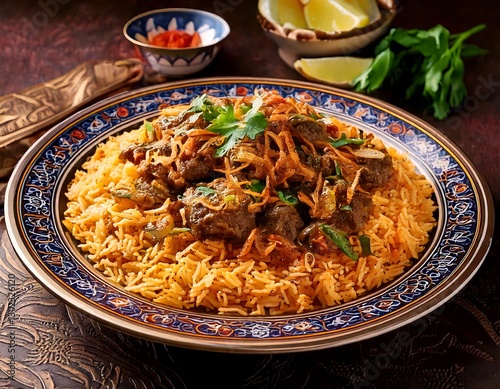 A flavorful Saudi Arabian dish featuring spiced lamb, rice, and crispy onions, served in a large traditional platter photo