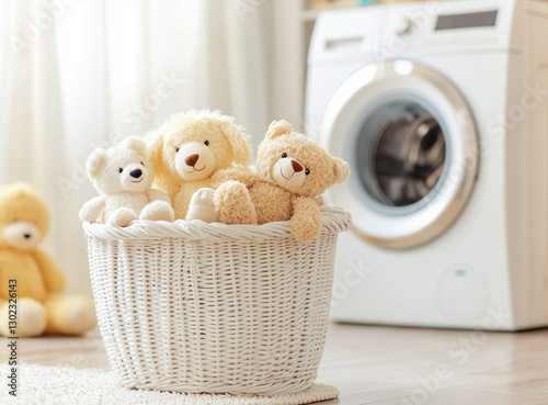 A basket of plush teddy bears and soft toys, next to a washing machine. The clean, cozy space and soft lighting create a peaceful setting for laundry day and care for children's toys.